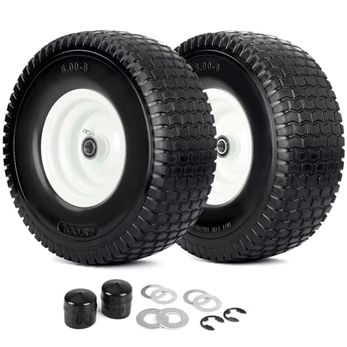 GICOOL 15x6.00-6 Flat Free Lawn Mower Tire and Wheel, 15x6-6nhs Riding Mowers Lawn Tire and Wheel with 3/4' Bearing, 3' Centered Hub, 2 Pack