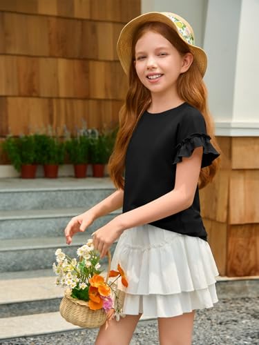 Image of Haloumoning Girls Ruffle Short Sleeve T Shirts Kids Summer Crewneck Tops Cute Tees Blouse 5-14 Years