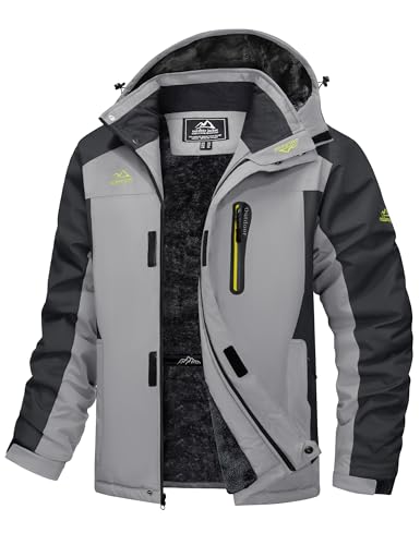 MAGCOMSEN Mens Snow Ski Jackets Heavy Winter Fleece Lined Snowmobile Coats Waterproof Windproof Parka 5 Pockets Light Grey, XL