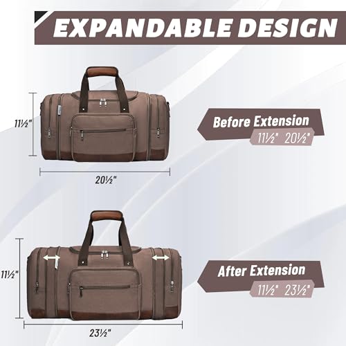 Image of Wolhbege Duffle Bag for Travel,Mens Travel Bag & Carry On Bag for Men with Expandable Design and Luggage Sleeve -Duffel Bag for Gym, Weekender, Overnight Trips, Brown, 20.5 x 11.5 x 10 inches