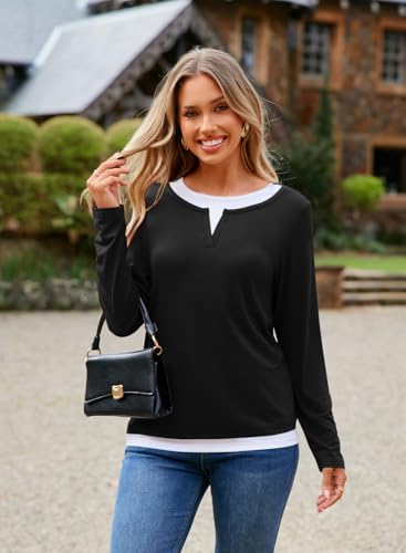 LOLONG Women Fall Long Sleeve Color Block T Shirts 2025 Casual Crew Neck Tops Tees3