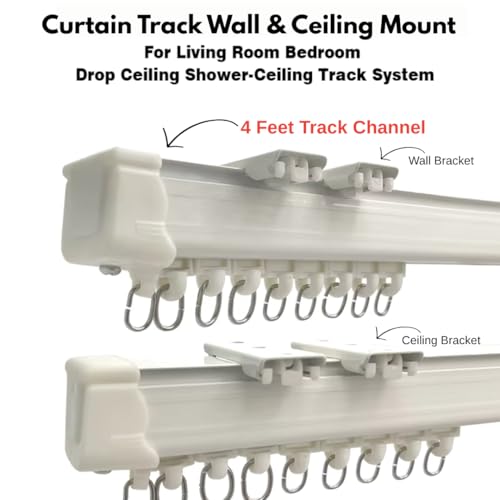 Image of Jangirh Curtain Track, Curtain Track Channel Rail System Size 4 Feet for Windows /Door Wall, Ceiling Fit Complete Set with Runners, Hooks, End Caps, Wall Brackets, Screws & Wall Plugs, White inch (4 FEET)