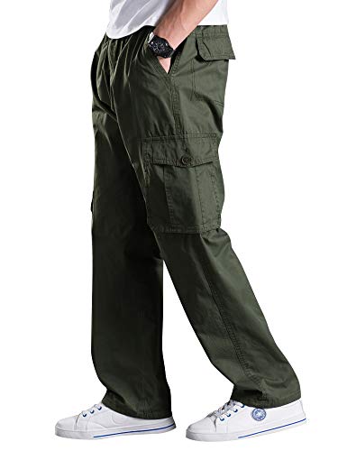 Mesinsefra Men's Pull On Cargo Pants Elastic Waist Lightweight Work Casual Cotton Lounge Relaxed Fit Pant Army Green 402
