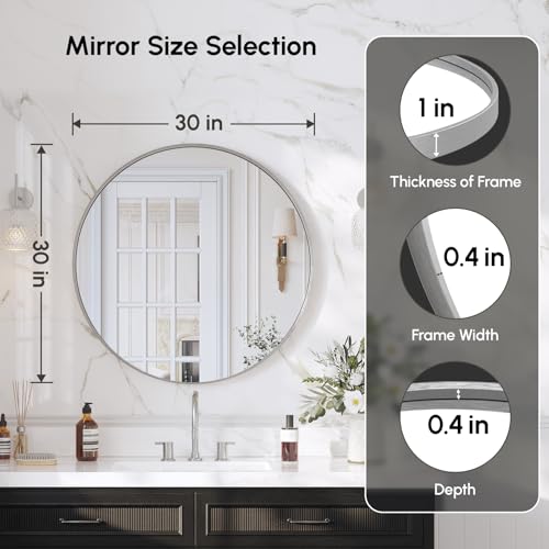 Image of 30 Inch Brushed Nickel Round Bathroom Mirror for Over Sink | Circle Mirror with Aluminum Frame, Wall Mirror for Vanity, Entryway, Living Room, Hallway and Bedroom Decor