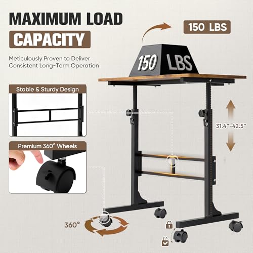 Image of Furmax 31.4 inch Small Portable Standing Desk Height Adjustable with Lockable Wheels, Mobile Stand Laptop Computer Workstation for Walking Pad Treadmil (Rustic)