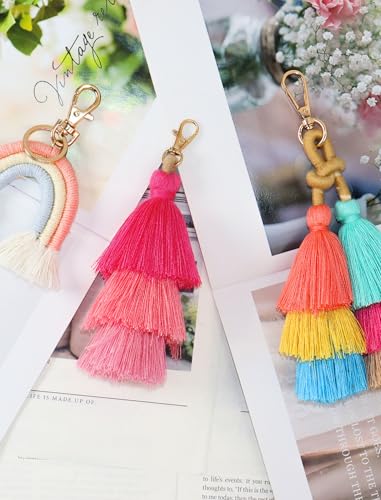 COAUXOG 3pcs Keychain Tassels,Boho Rainbow Double Stranded Colored Tassel Keychain with Triple Colorful Charms Mobile Wallet Backpack Charms