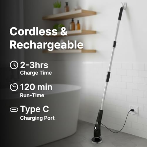 Image of pTron EaseMate Scrubber X1, Electric Spin Scrubber w / 5 Adjustable Speeds, Cleaning Brush Scrubber for Home, 400RPM /min, 120 min Run Time, 8 Replaceable Brush Heads for Bathroom, Floor Tiles (Black)