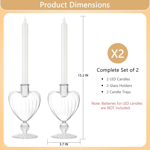 Image of Flameless Taper Candle with Vintage Glass Candle Holder, Set of 2, Wedding Dating Party Table Decor Centerpiece, Heart Shaped, Clear