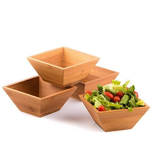 Whitewhale - Juego de 4 cuencos de madera para ensalada (bambú, ideal para servir ensalada, pasta, sopa y fruta) Cuencos se ve absolutamente hermoso con su cocina. Estándar Square Bowl Cover
