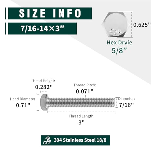 Image of (8 Sets) 7 /16-14 x 3 inch Hex Bolt and Nut Kit, 304 Stainless Steel (18-8), Fully Threaded, Flat & Lock Washers Included