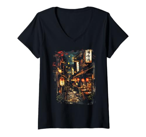 Femme Japanese City Vintage Classic Ramen Shop T-Shirt avec Col en V