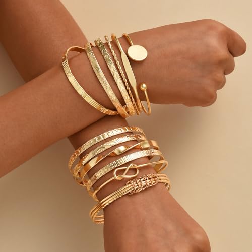 Image of IF ME Gold Bangle Bracelets for Women, Indian Bangles Stackable Set, Multi Layer Textured 18K Gold Plated Chunky Bracelets Boho Jewelrys Set