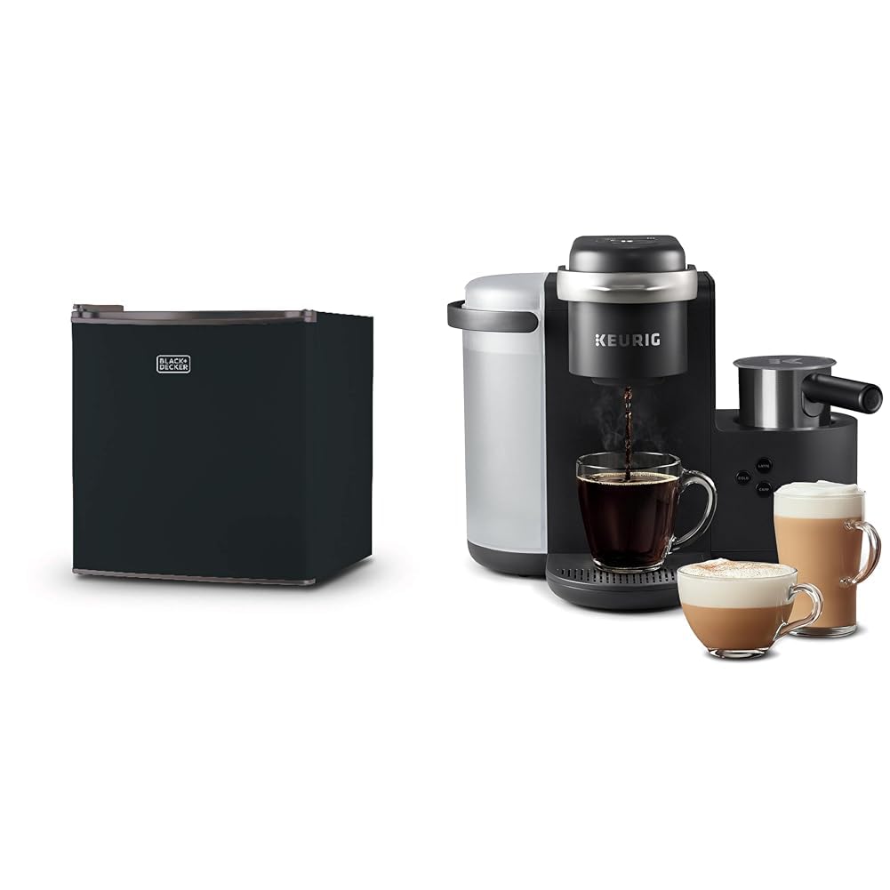 BLACK+DECKER BCRK17B Compact Refrigerator Energy Star Single Door Mini Fridge with Freezer, 1.7 Cubic Feet, Black &amp; Keurig K-Cafe Single Serve K-Cup Coffee, Latte and Cappuccino Maker, Dark Charcoal