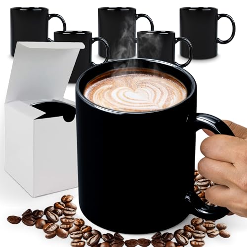 SOL Large Black Mugs Set of 6 – Oversized Ceramic Cups with Handles for Tea, Coffee & Hot Drinks – Stylish & Durable – Microwave & Dishwasher Safe – Ideal for Home & Office Use