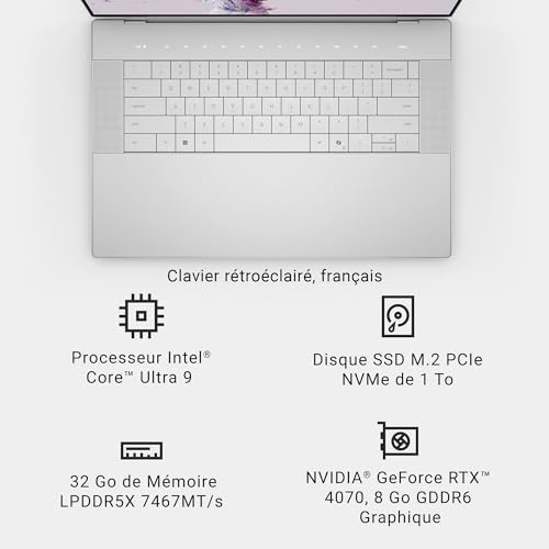 Dell XPS 16 9640 Ordinateur Portable 16.3" OLED UHD+ Tactile Édition Intel Evo Processeur Intel Core Ultra 9 Graphique NVIDIA GeForce RTX 4070 RAM SSD Windows 11 Home Clavier Français - vue 9