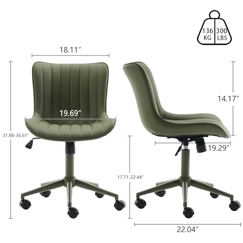 Image of YOUNIKE Office Desk Chair with Wheels Armless Vanity Chair Ergonomic Green | Faux Leather Upholstered with Rocking Back, Swivel Height Adjustable, Modern Small Cute Task Chair For Sewing Drafting