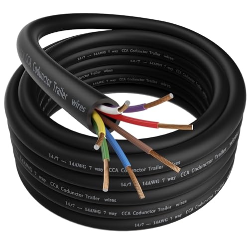 7 Way Trailer Wire 50FT Heavy-Duty 14 Gauge Copper Clad Aluminum Cable 14AWG 7 Pin Trailer Wiring with Color-Coded Jacket Insulated Stranded Extension Cable for Utility Trailer RV Automotive