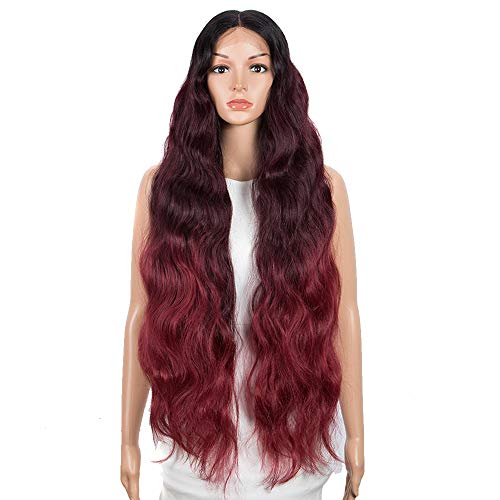 NOBLE 38" Super Long Wavy Wigs 13x6x0.5 Lace Front Wigs 6 inch T Part Synthetic Lace Front Wigs with Baby Hair Ombre Burgundy Red Wigs for Women