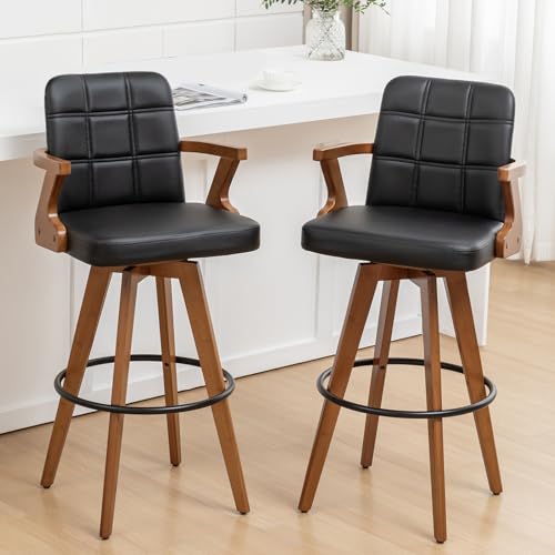 Swivel Bar Stools Set of 2, Mid Century Modern BarStools with Back and Arms
