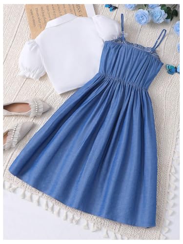 GORGLITTER Girl's 2 Piece Outfits Puff Sleeve Button Down Shirt and Bow Smocked Dress Set2