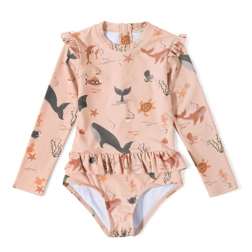 Image of Girls One Piece Swimsuits Zipper Rash Guard Long Sleeve Bathing Suit with Ruffle Hem UPF50+