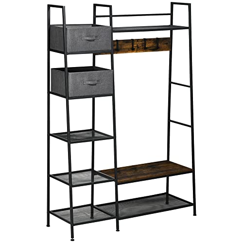 HOMCOM Porte-Manteau vestiaire Meuble d'entrée Style Industriel avec Banc à Chaussures, étagères, 5 Crochets Amovibles et 2 tiroirs en Tissu, 125 x 43 x...