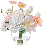 Artificial Flowers in Vase for Seasonal Decor, Mixed White Tulips & Pink Silk Fake Flowers Bouque...