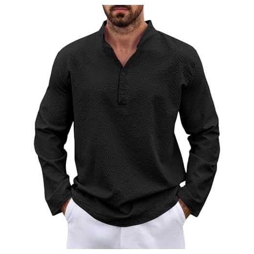 Lishang Chemise Lin Homme Manches Longues Chemise Été Décontractée Casual Col Mao Regular Fit Chemises Hommes Couleur Unie Shirts Plage Classique