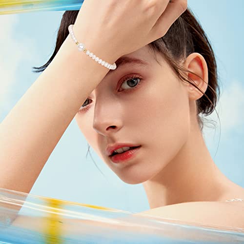 18K Gold Pearl Bracelets for Women 4.5mm Freshwater Pearls Stretch Beaded Bracelet AAA+ Quality White Pearl with 18K Real Gold Beads Dainty Jewelry for Her X199040 16/17/18/19cm4