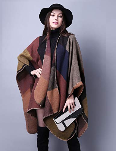 KirGiabo Women's Plaid Sweater Poncho Cape Coat Open Front Blanket Shawls and Wraps4