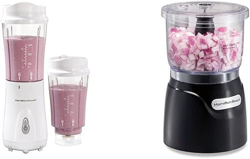 Hamilton Beach Batidora portátil para batidos y batidos con taza de viaje y tapa de 14 onzas sin BPA, picadora eléctrica de verduras y mini