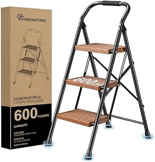 Step Ladder Foldable Folding Stool - for Home Adults Kitchen 3 Stepping Extension Tall Heavy Duty with Handrails - Closet Stepstool Stair Ladders Extendable Stepladder for Indoor House 600Lbs