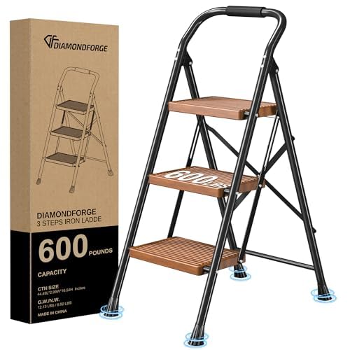 Step Ladder Foldable Folding Stool - for Home Adults Kitchen 3 Stepping Extension Tall Heavy Duty with Handrails - Closet Stepstool Stair Ladders Extendable Stepladder for Indoor House 600Lbs by DIAMONDFORGE - Used condition - US$35.17