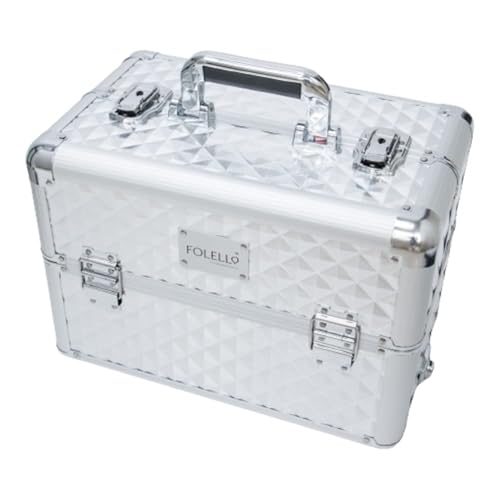 Image of FOLELLO 3-in-1 Marvel Rolling Professional Multifunctional Makeup Travel Vanity Case | Aluminum Trolley Vanity Salon Station (Diamond Cut- Silver)