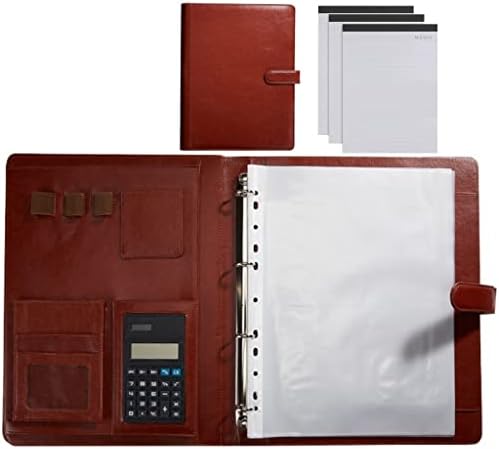 Portfolio Folder A4 Conference Folder With 4 Ring Binder A4 Leather Document Bag Portable Conference Folder For Interview Conference School And Presentation ( Color : Brown , Size : 8-Bit+3*note pad )