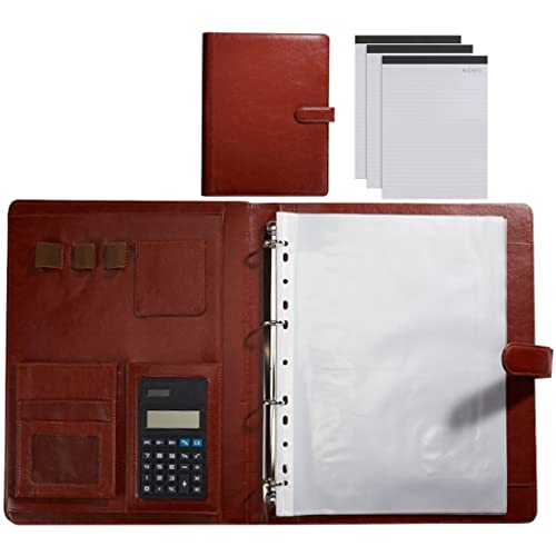 Portfolio Folder A4 Conference Folder With 4 Ring Binder A4 Leather Document Bag Portable Conference Folder For Interview Conference School And Presentation ( Color : Brown , Size : 8-Bit+3*Note Pad ) #TOP13