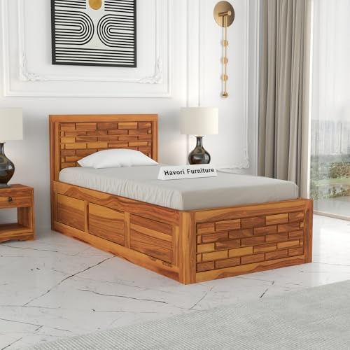 Image of Solid Sheesham Wood Single Size Bed with Box Storage for Bedroom Living Room Single Cot for Home Wooden Palang for Hotel (Honey, Size 6 * 3)