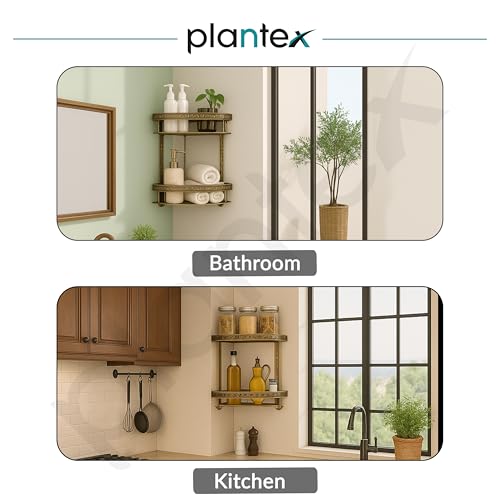 Plantex Aluminium Corner Shelf for Bathroom Wall/2 Tier Side Corner Shelf/Bathroom Corner Shelf with Hooks/Premium Bathroom Organizer (Brass-Antique Finish)