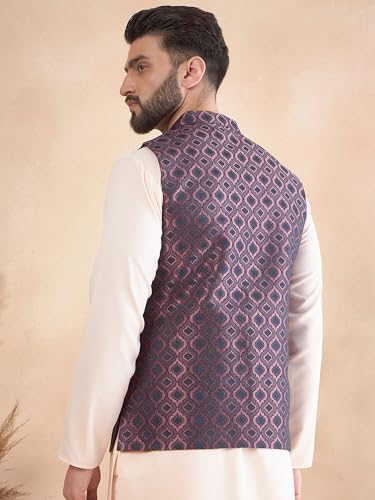 Image of Amazon Brand - Tavasya Mens Woven Design Mandarin Collar Nehru Jackets | Sleeveless Jacket | Ethnic Wear