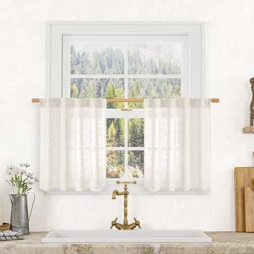 LAMIT Kitchen Semi Sheer Linen Curtains 24 Inch Long, Light Filtering Panels Back Tab and Rod Pocket Neutral Drapes for Cafe/Bathroom/Small Window, Cream, 2 Panels, 34 x 24 Inch