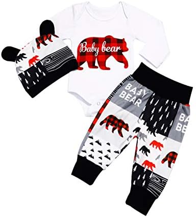 Newborn Infant Baby Boy Girls Clothes Fall Outfits Baby Bear Romper Long Pants Hat 3PCS Christmas Bodysuit Set 0-3M