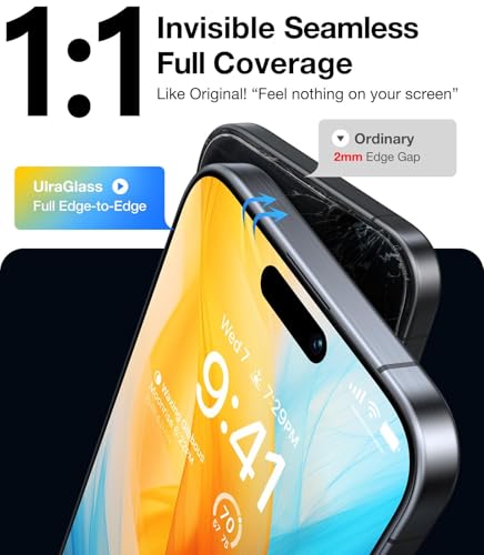 UltraGlass Unbreak Top 9H+ Glass for iPhone 15 Screen Protector (12FT Military Grade Shatterproof & Longest Durable) Screen Protector iPhone 15 Tempered Glass, Full Coverage, 2 Pack