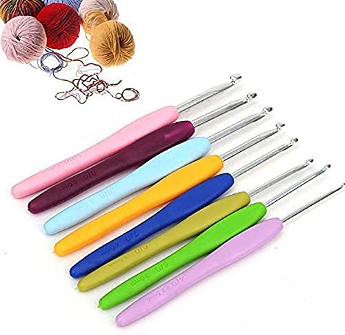 First Try 8 Size Aluminum Crochet Hooks Ergonomic Rubber Grip Knitting Needle Set 8 Sizes Gift for DIY Weave Yarn Kit (Set of 8 Pieces), Multicolor 1