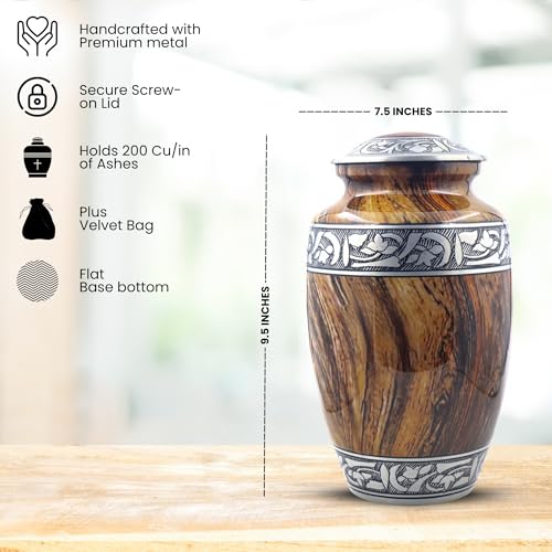 Image of Floral Silver Engraved Cremation Urn for Human Ashes Adult - Handcrafted Funeral Memorial Ashes Urn - Keepsake - Bag Included (Wood Texture) (70 Cubic Inches)