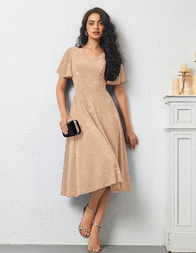 Image of Bridesmay Women's Formal Wedding Guest Dress for Women 2026 Short Sleeve Fit and Flare Tea Party Dresses