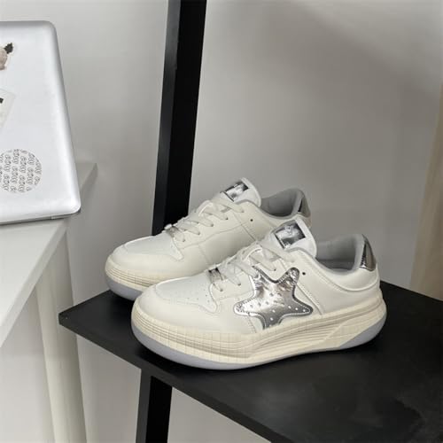 Kawaii Cute Star New Beige Black & Silver Sneakers for Girls - Chunky Platform with Star Design, Retro Pretty Pastel Style, Perfect for Travel Streetwear3