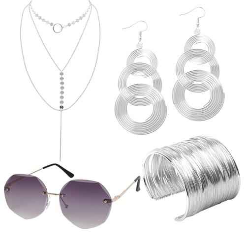IHLOOTD Acessórios disfarce disco 4 peças acessórios discoteca anos 70 disfarce festa disco brincos óculos de sol pulseira colar para festa retro, carnaval, máscara (prata)