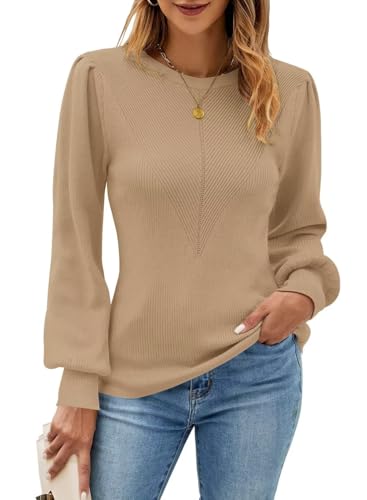 FEKOAFE Womens Sweaters Casual 2025 Fall Long Sleeve Tops Ribbed Knit Pullover Sweaters