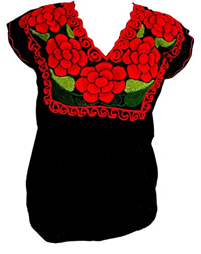 Floral Mexican Blouse - Authentic Embroidered Chiapas Blouse - 100% Handmade - Black with Red Flowers (Large)