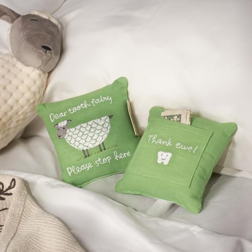 Image of Primitives by Kathy Little Farm Tooth Fairy Pillow, 5x5-Inch Cotton-Linen Blend Mini Pillow with Back Storage Pocket, Embroidered Sheep Design - Dear Tooth Fairy - Please Stop Here